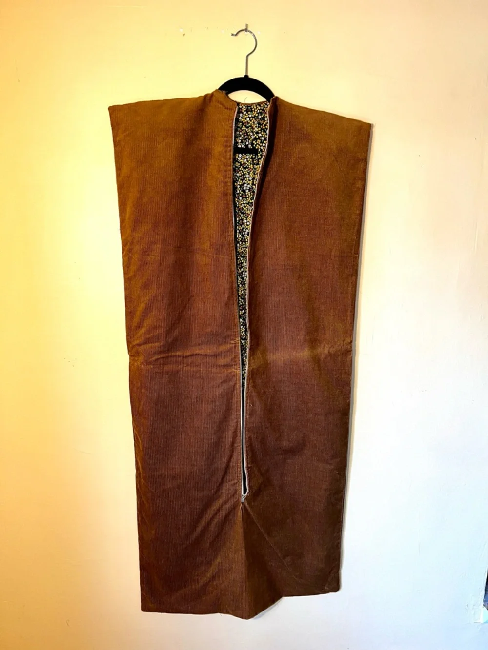 Corduroy Garment Storage Bag in Brown Corduroy with calico/floral lining